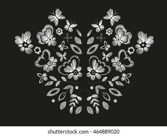 Floral design , embroidery pattern. Monochrome vector illustration hand drawn. Fantasy flowers leaves and butterflies. T-shirt designs.