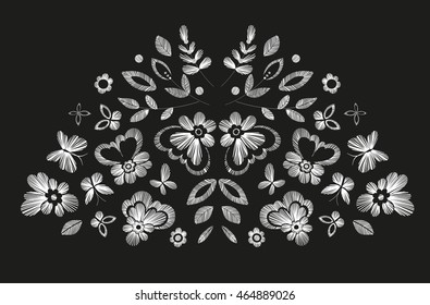Floral design , embroidery pattern. Monochrome vector illustration hand drawn. Fantasy flowers leaves and butterflies. T-shirt designs.