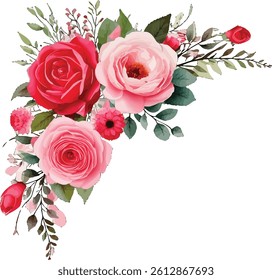 Floral design featuring vibrant red and pink roses, delicate greenery, and soft petals. Romantic watercolor flowers with red and pink roses, and lush green leaves and berries.Watercolor roses