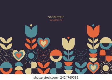 Floral design with geometric shapes and arrange the elements below with copy space for text. Mosaic design with blue orange, and beige on a dark background. Vector Illustration.