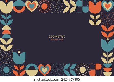 Floral design with geometric shapes and arrange the elements as a frame with copy space for text. Mosaic design with blue orange, and beige on a dark background. Vector Illustration.