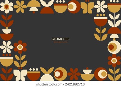 Floral design with geometric shapes and design elements as a frame on a dark background. Vector Illustration.