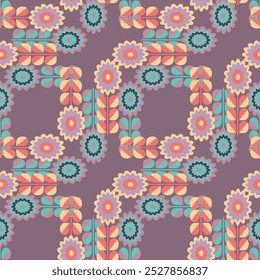 A floral design with geometric shapes on a muted purple background creates captivating visual interest