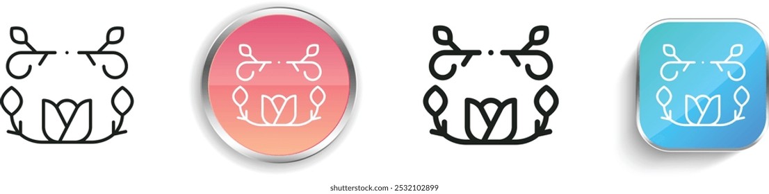 Icono de diseño floral. Diseño de estilo lineal delgado, regular y de Botón aislado sobre fondo blanco