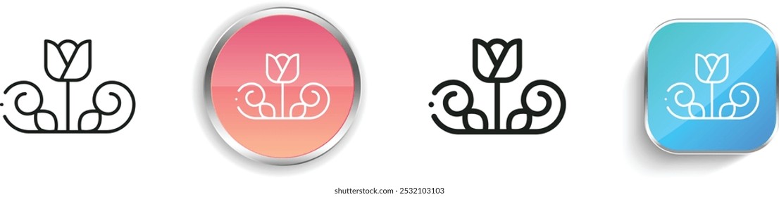 Icono de diseño floral. Diseño de estilo lineal delgado, regular y de Botón aislado sobre fondo blanco