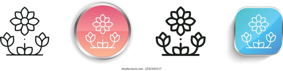 Icono de diseño floral. Diseño de estilo lineal delgado, regular y de Botón aislado sobre fondo blanco