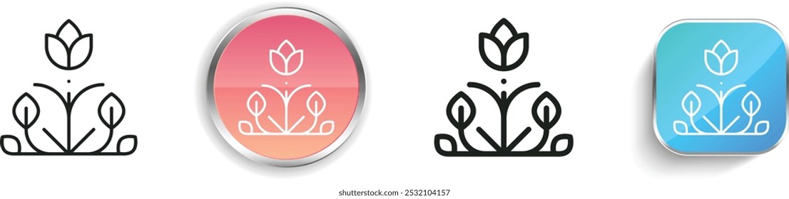 Icono de diseño floral. Diseño de estilo lineal delgado, regular y de Botón aislado sobre fondo blanco