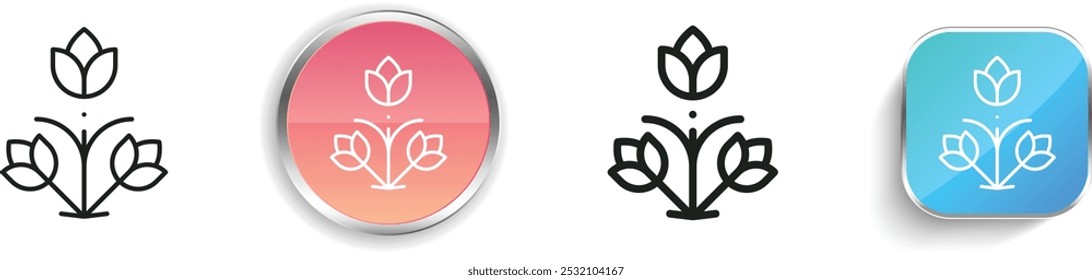 Icono de diseño floral. Diseño de estilo lineal delgado, regular y de Botón aislado sobre fondo blanco