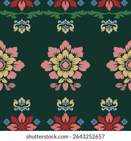Floral design with an ikat style features large, symmetrical flowers in soft pink and yellow hues against a dark green background. Smaller red flowers with blue accents overlay, while decorative blue 