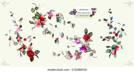 Floral design. Illustration of branches with roses and cranberry on white. Abstract artworks for fabric, textile and other prints. Abstract, watercolor. Hand drawn. Vector - stock.