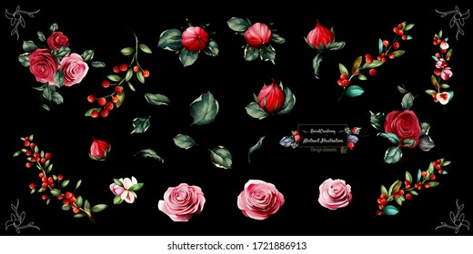 Floral design. Illustration of roses flowers  branch and cranberry isolated on black. For fabric, textile and other prints. Abstract, watercolor. Hand drawn. Vector - stock.