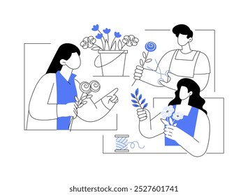 Floral design isolated cartoon vector illustrations. Group of students arranging bouquets with teacher together, working as a florist, vocational school, technical skills vector cartoon.