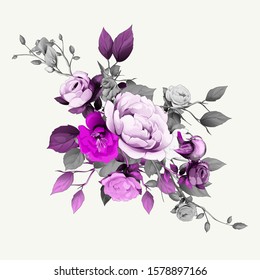 Floral design. Isolated illustration of bouquet. Flowers peony, leaf with branch with bird for different desing purposes. Abstract, watercolor. Hand drawn. Vector - stock.