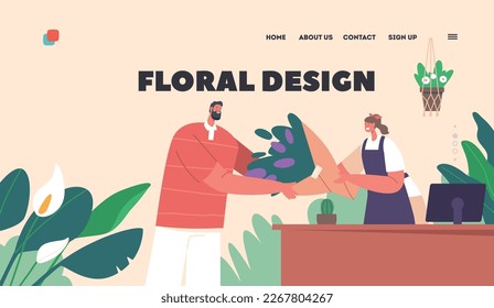Floral Design Landing Page Template. Man Buying Bouquet in Flower Shop. Saleswoman Giving Blossoms to who Choosing and Buying Present. Customer in Floristic Storr. Cartoon People Vector Illustration