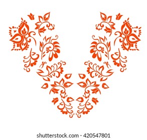 Floral design , neck line embroidery. Vector illustration hand drawn. Fantasy flowers pattern.