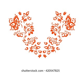 Floral design , neck line embroidery. Vector illustration hand drawn. Fantasy flowers pattern.