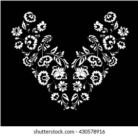Floral design , neck line embroidery. Black and white vector illustration hand drawn. Fantasy flowers pattern.