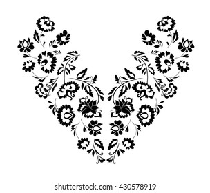 Floral design , neck line embroidery. Black and white vector illustration hand drawn. Fantasy flowers pattern.