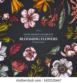 Floral design on dark background with japanese chrysanthemum, blackberry lily, eucalyptus flower, anemone, iris japonica, sakura