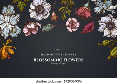 Floral design on dark background with japanese chrysanthemum, blackberry lily, eucalyptus flower, anemone, iris japonica, sakura