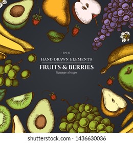 Floral design on dark background with apples, pears, avocado, kiwi, grapes, bananas, strawberry