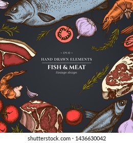 Floral design on dark background with garlic, cherry tomatoes, fish, shrimp, beef, rosemary