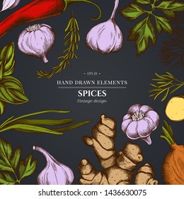 Floral design on dark background with onion, garlic, pepper, greenery, ginger, basil, rosemary