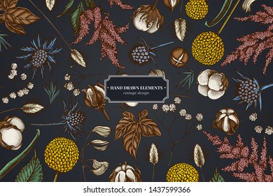 Floral design on dark background with astilbe, craspedia, blue eryngo, lagurus, cotton, gypsophila