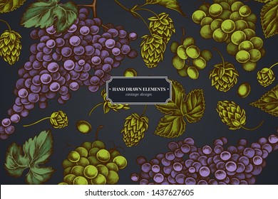 Floral design on dark background with grapes, hop