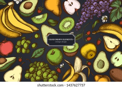 Floral design on dark background with apples, pears, avocado, kiwi, grapes, bananas, strawberry
