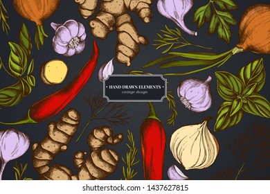 Floral design on dark background with onion, garlic, pepper, greenery, ginger, basil, rosemary