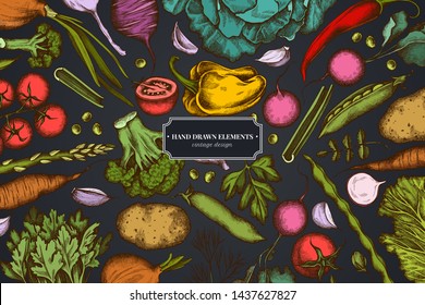 Floral design on dark background with onion, garlic, pepper, broccoli, radish, green beans, potatoes, cherry tomatoes, peas, celery, beet, greenery, chinese cabbage, cabbage, carrot