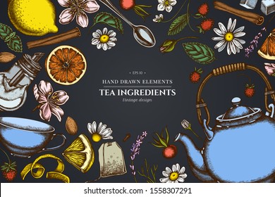 Floral design on dark background with cinnamon, lemons, oranges, tea bag, sugar cubes, heather, chamomile, dog rose, peppermint, almond, strawberry, teaspoon, teapots, cups, sugar bowl