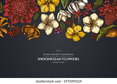 Floral design on dark background with plumeria, allamanda, clerodendrum, champak, etlingera, ixora