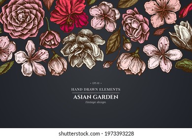 Floral design on dark background with hibiscus, plum flowers, peach flowers, sakura flowers, magnolia flowers, camellia japonica