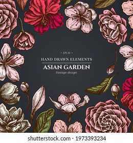 Floral design on dark background with hibiscus, plum flowers, peach flowers, sakura flowers, magnolia flowers, camellia japonica