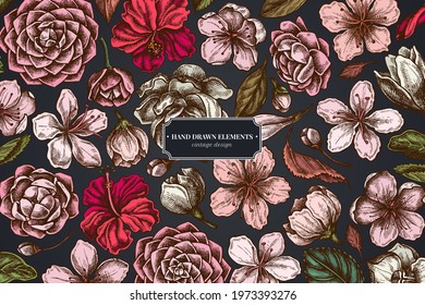 Floral design on dark background with hibiscus, plum flowers, peach flowers, sakura flowers, magnolia flowers, camellia japonica