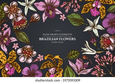 Floral design on dark background with laelia, feijoa flowers, glory bush, papilio torquatus, cinchona, cattleya aclandiae