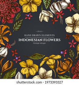 Floral design on dark background with plumeria, allamanda, clerodendrum, champak, etlingera, ixora