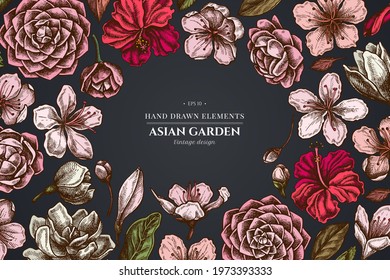 Floral design on dark background with hibiscus, plum flowers, peach flowers, sakura flowers, magnolia flowers, camellia japonica