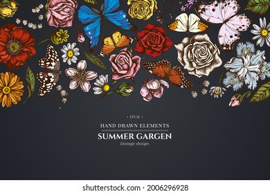 Floral design on dark background with shepherd s purse, heather, iris japonica, sakura, gypsophila, chamomile, almond, poppy flower, calendula, blue morpho, lemon butterfly, red lacewing, great orange