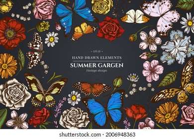 Floral design on dark background with shepherd s purse, heather, iris japonica, sakura, gypsophila, chamomile, almond, poppy flower, calendula, menelaus blue morpho, blue morpho, lemon butterfly, red