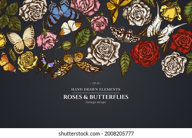 Floral design on dark background with lemon butterfly, red lacewing, african giant swallowtail, alcides agathyrsus, wallace s golden birdwing, purple spotted swallowtail, forest mother-of-pearl, great