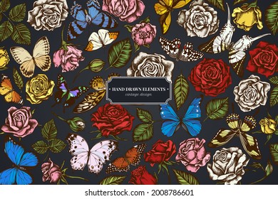 Floral design on dark background with menelaus blue morpho, giant swordtail, blue morpho, lemon butterfly, red lacewing, african giant swallowtail, alcides agathyrsus, wallace's golden birdwing