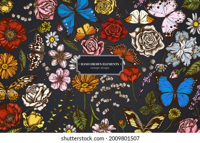 Floral design on dark background with shepherd's purse, heather, iris japonica, sakura, gypsophila, chamomile, almond, poppy flower, calendula, menelaus blue morpho, blue morpho, lemon butterfly, red