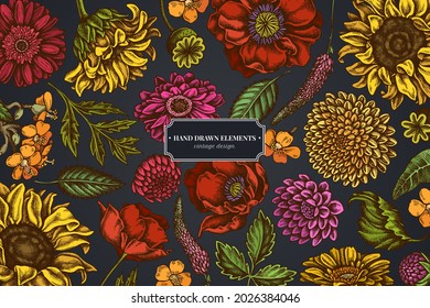 Blumendesign auf dunklem Hintergrund mit Mohnblume, Gerbera, Sonnenblume, Milchkraut, Dahlien, Veronica