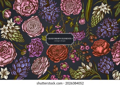 Floral design on dark background with peony, carnation, ranunculus, wax flower, ornithogalum, hyacinth