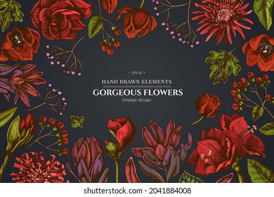 Floral design on dark background with viburnum, hypericum, tulip, aster, leucadendron, amaryllis
