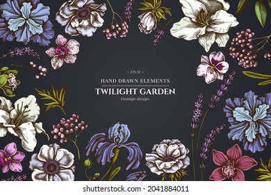 Floral design on dark background with anemone, lavender, rosemary everlasting, phalaenopsis, lily, iris