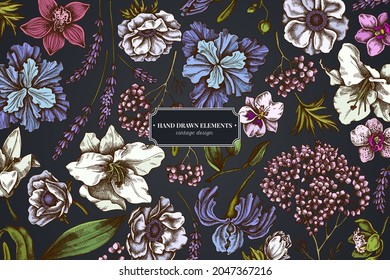 Floral design on dark background with anemone, lavender, rosemary everlasting, phalaenopsis, lily, iris